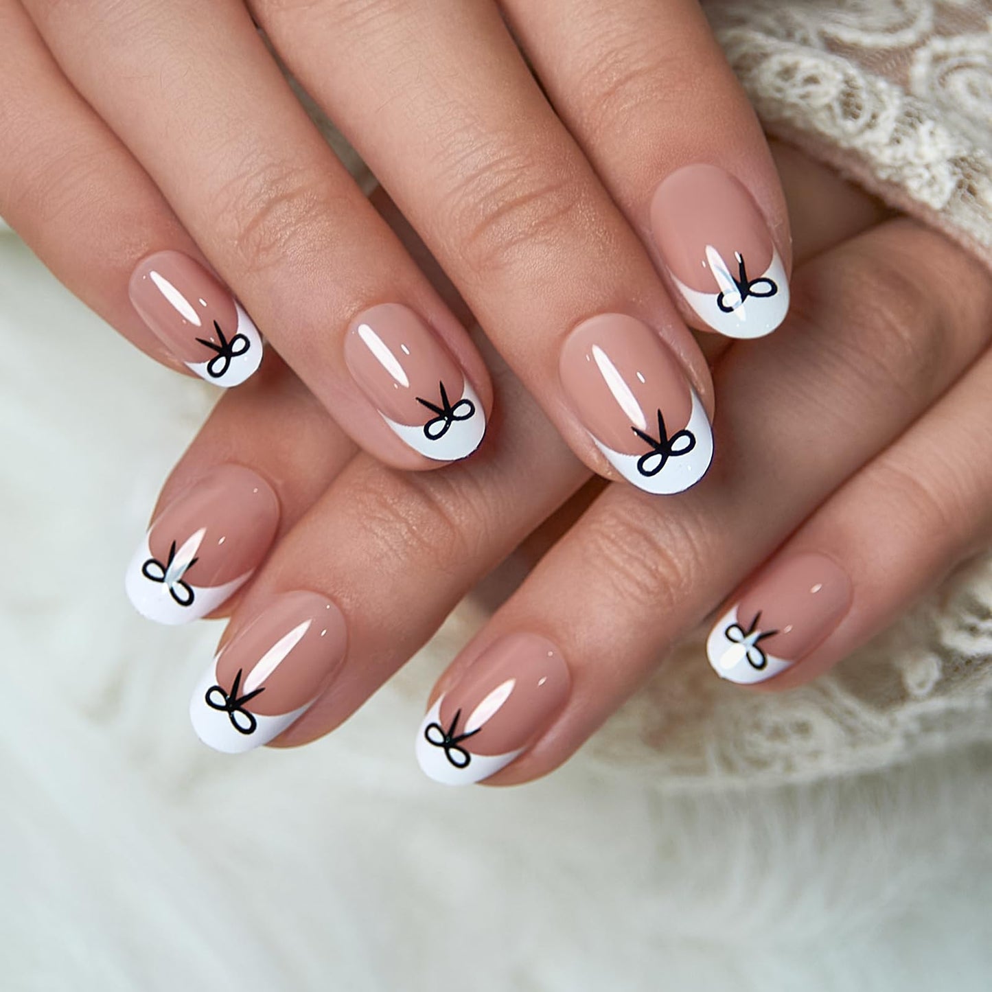 CurvLife Press On Nails Short Oval – Nude Pink French Tip with Bow (30-Piece Gel Nail Kit)