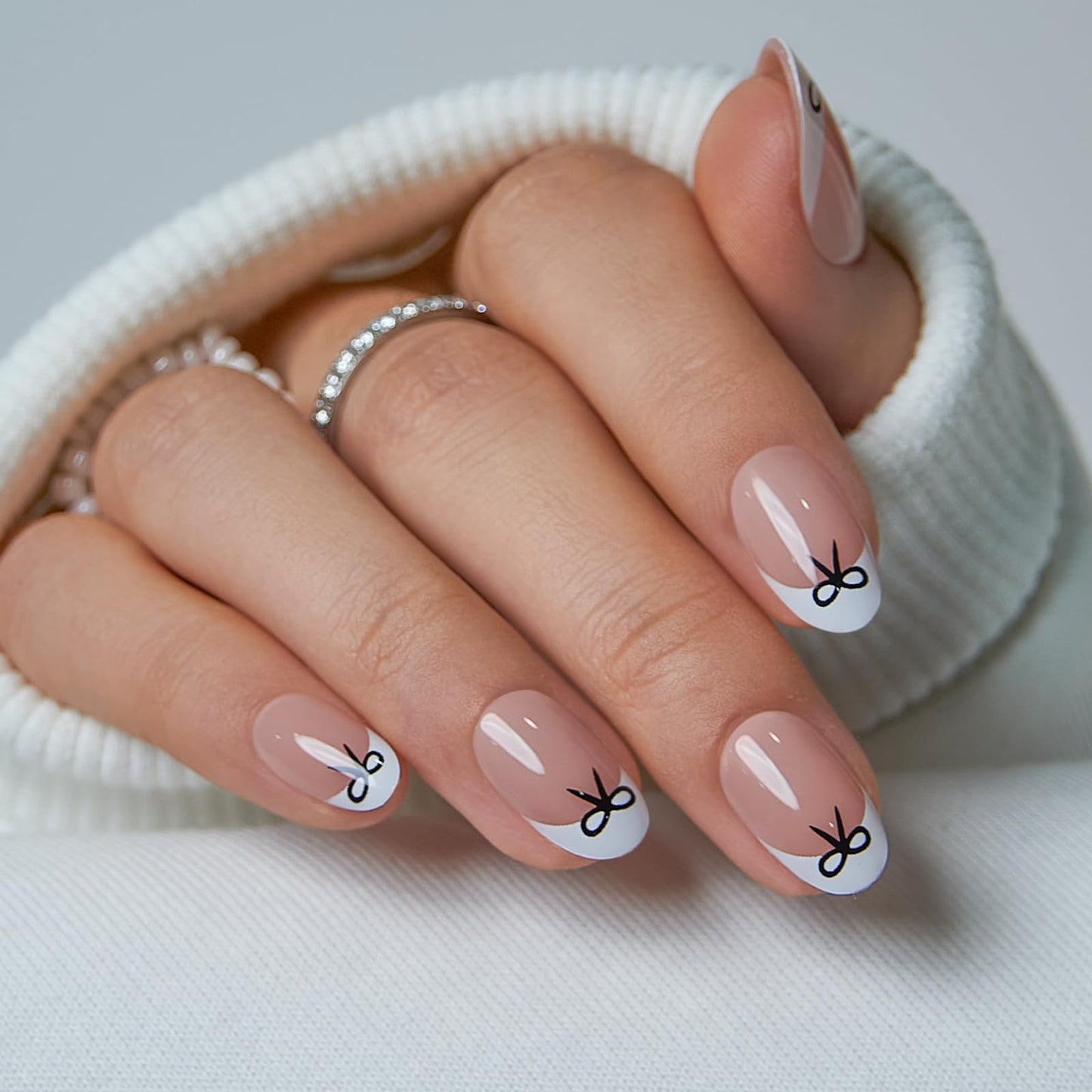 CurvLife Press On Nails Short Oval – Nude Pink French Tip with Bow (30-Piece Gel Nail Kit)