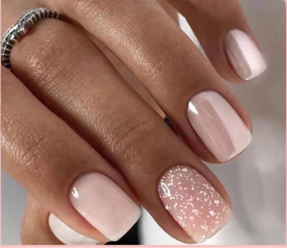 Curvlife Press On Nails Short Pink Snowflake Glitter – Quick 5-Min Gel Finish (Glue Included)
