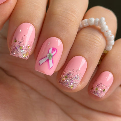 Curvlife Press On Nails Medium Square Pink – Breast Cancer Ribbon Gel Nail Kit