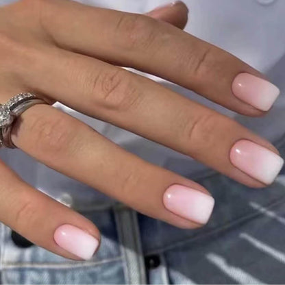 CurvLife Short Square Press-On Nails – Beige, White & Pink Apricot Design | Glossy Nude Full Cover Nails