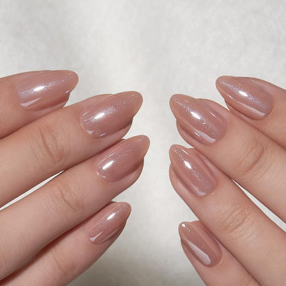 Curvlife Press On Nails – Medium Almond Nude Galaxy Cat Eye with Glue | Long-Lasting False Nails