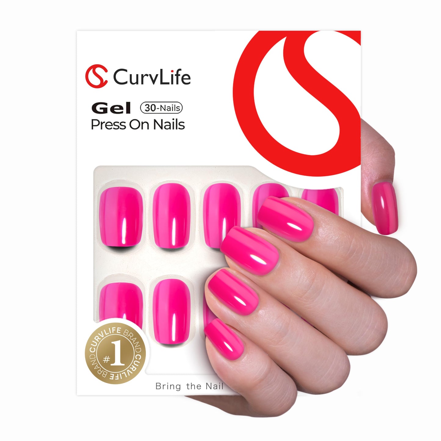 Curvlife Soft Gel Press-On Nails – Bright Pink Full Cover Kit with Glue & Tabs