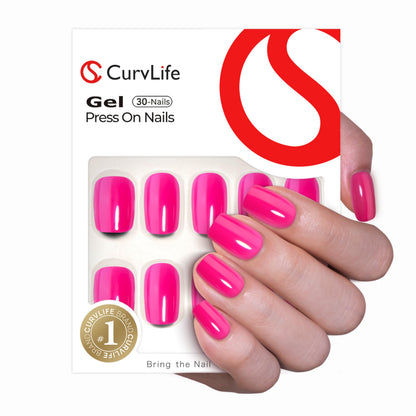 Curvlife Soft Gel Press-On Nails – Bright Pink Full Cover Kit with Glue & Tabs