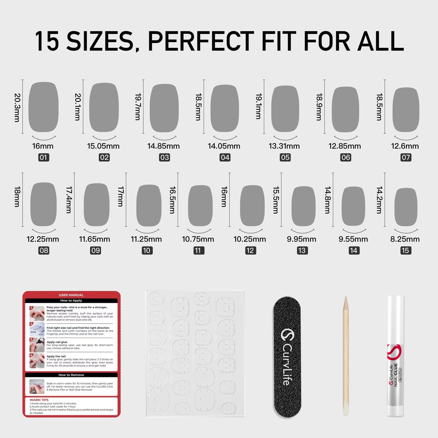 Curvlife Press-On Nails – Gel French Tip Full Cover Nail Kit in Cement Gray Gren, with Glue, Tabs & File | 30pcs