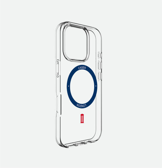 Slim Clear iPhone 16 Pro Case with Royal Blue MagSafe Ring - Telephone Box | The Iconic Case