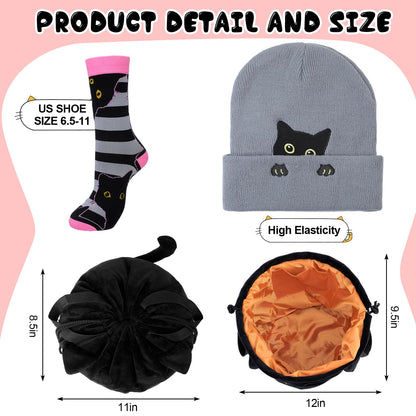 Cutecrop 7-Piece Black Cat Christmas Gift Set for Women | Beanie, Socks & Cosmetic Bag