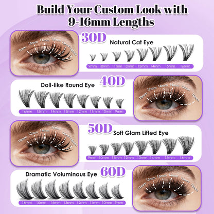 CyanoooGenesis Lash Clusters Kit — 640pcs DIY Eyelash Extensions with Bond & Seal, Tweezers | 30D-60D, 9-16mm