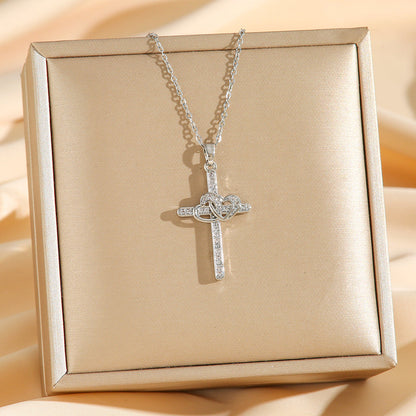 Cross Double Ring Love Heart Zircon Necklace