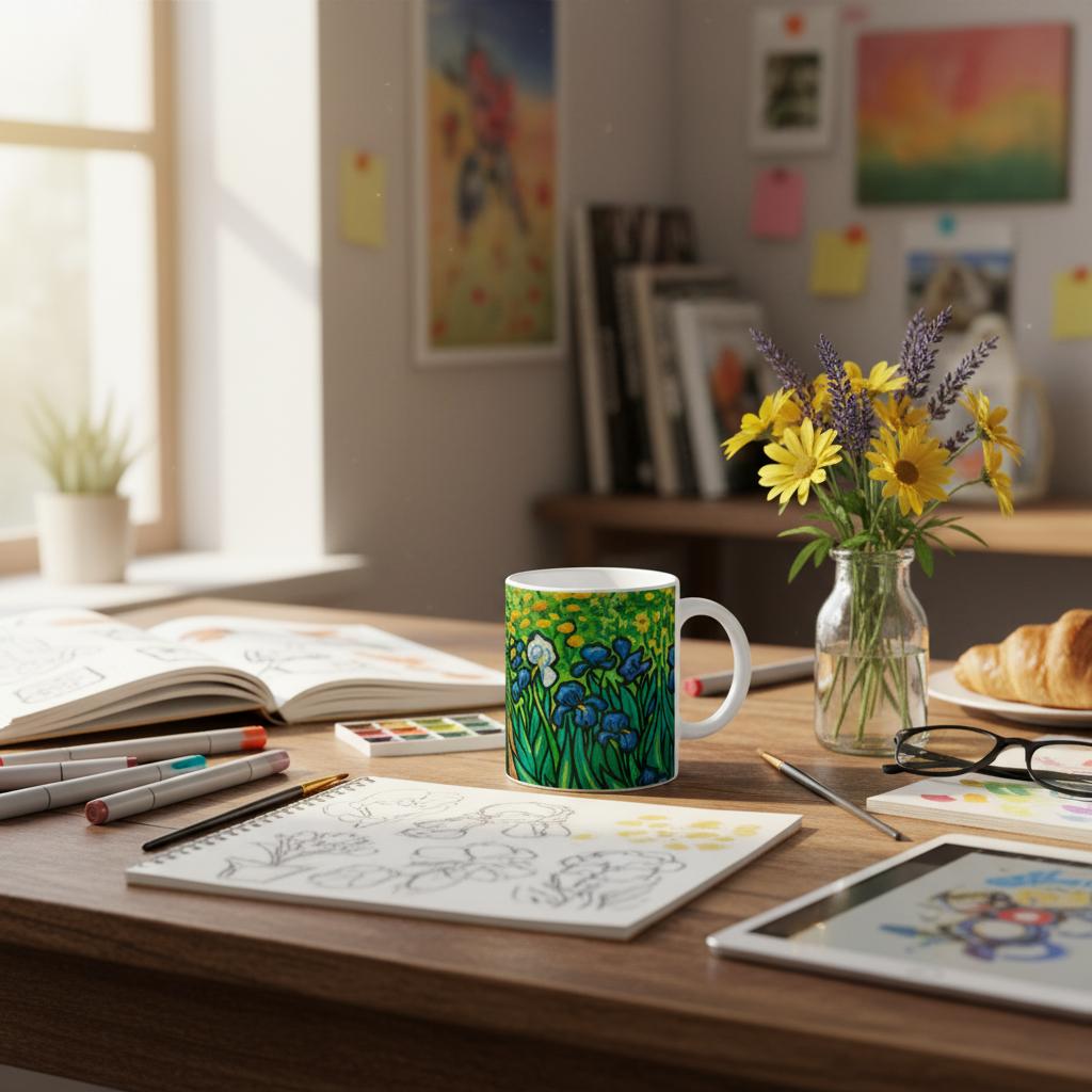🌻 Van Gogh Inspired Ceramic Mug – Artistic Coffee Cup with Coloured Rim & Handle (11oz)