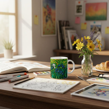 🌻 Van Gogh Inspired Ceramic Mug – Artistic Coffee Cup with Coloured Rim & Handle (11oz)