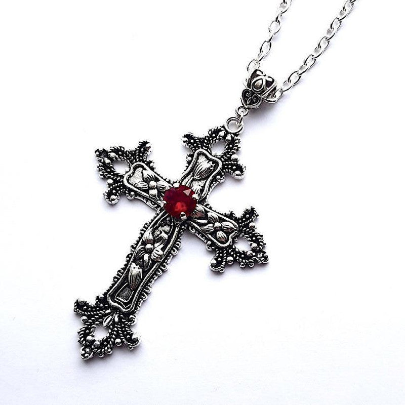 Retro Flower Pattern Cross Necklace