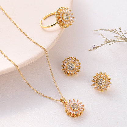Rotatable Sunflower Stainless Steel Necklace, Earrings & Ring Set
