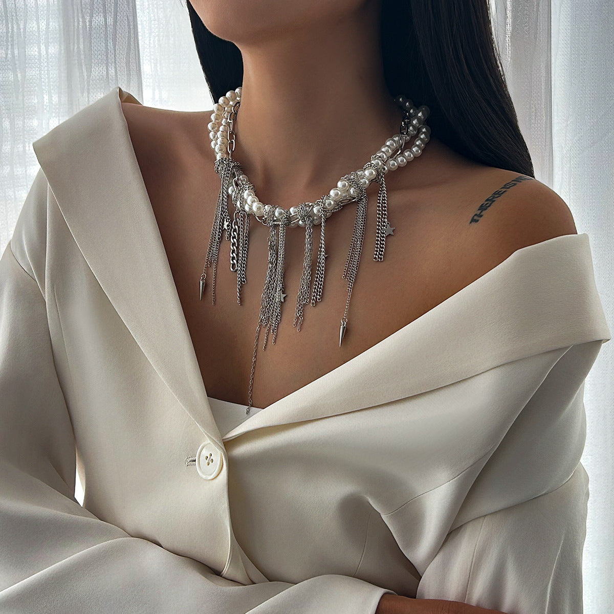 Metal Star Moon Tassel Necklace