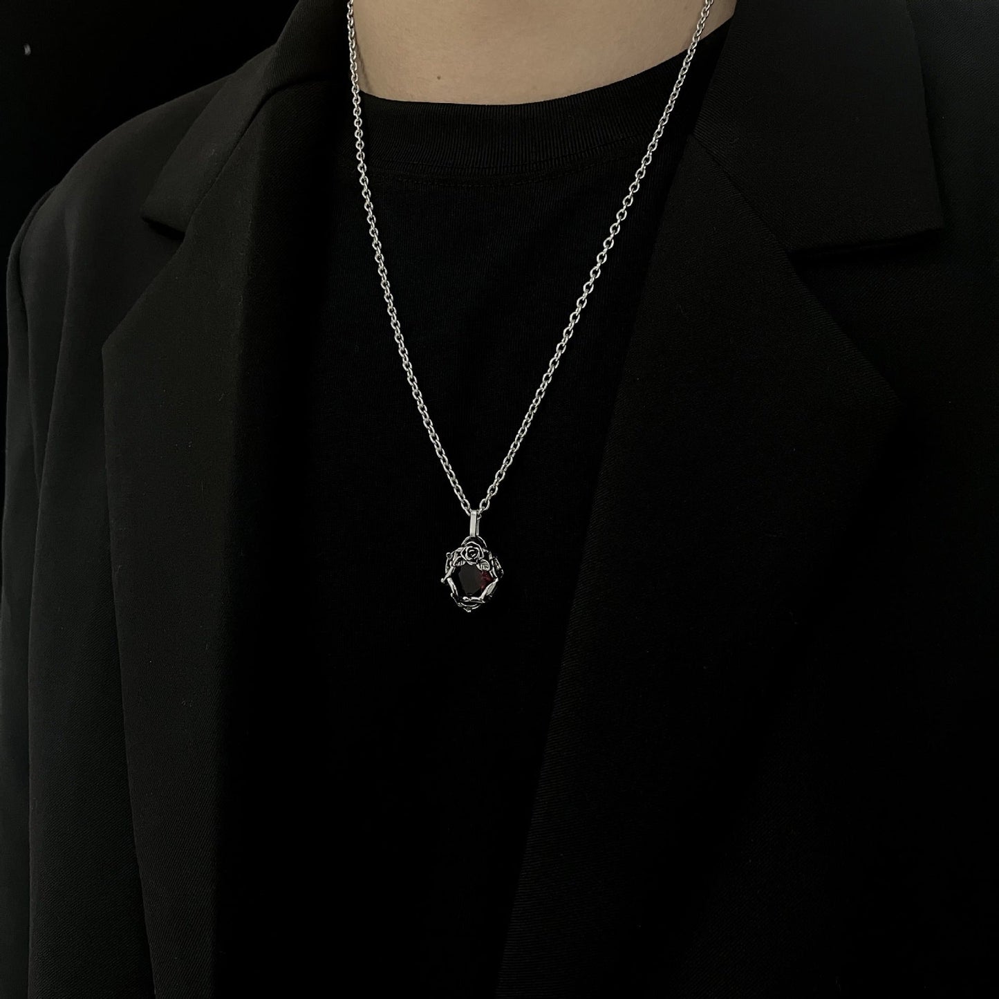 Black & Red Ruby Necklace with Flower Pendant