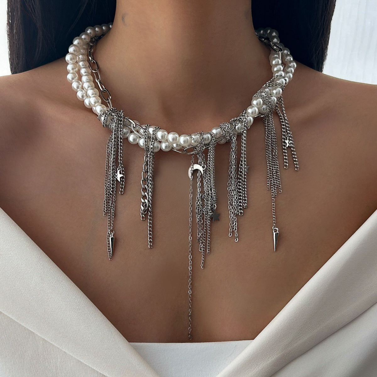 Metal Star Moon Tassel Necklace