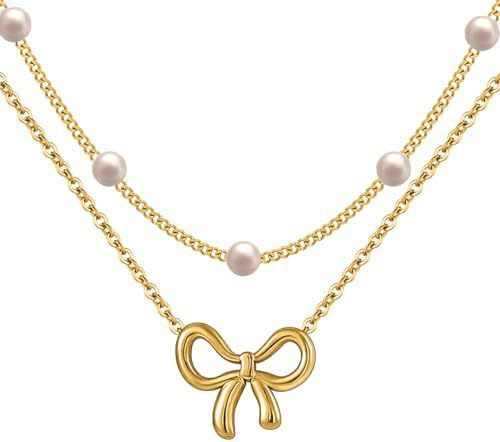 Pearl Double Layer Choker Necklace with Bow Pendant