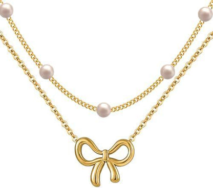 Pearl Double Layer Choker Necklace with Bow Pendant