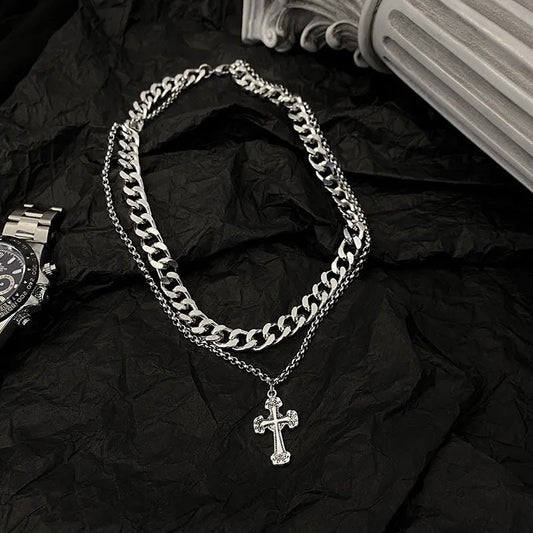 Multi-Layer Retro Cross Titanium Steel Necklaces