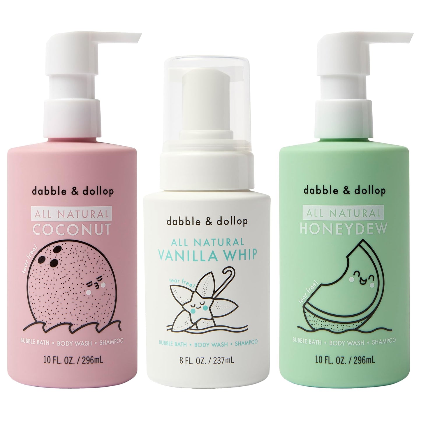 Beachy Bundle by Dabble & Dollop – Natural 3-in-1 Kids Bath Set (Honeydew Melon, Vanilla & Coconut) | Tear-Free, Vegan & Paraben Free
