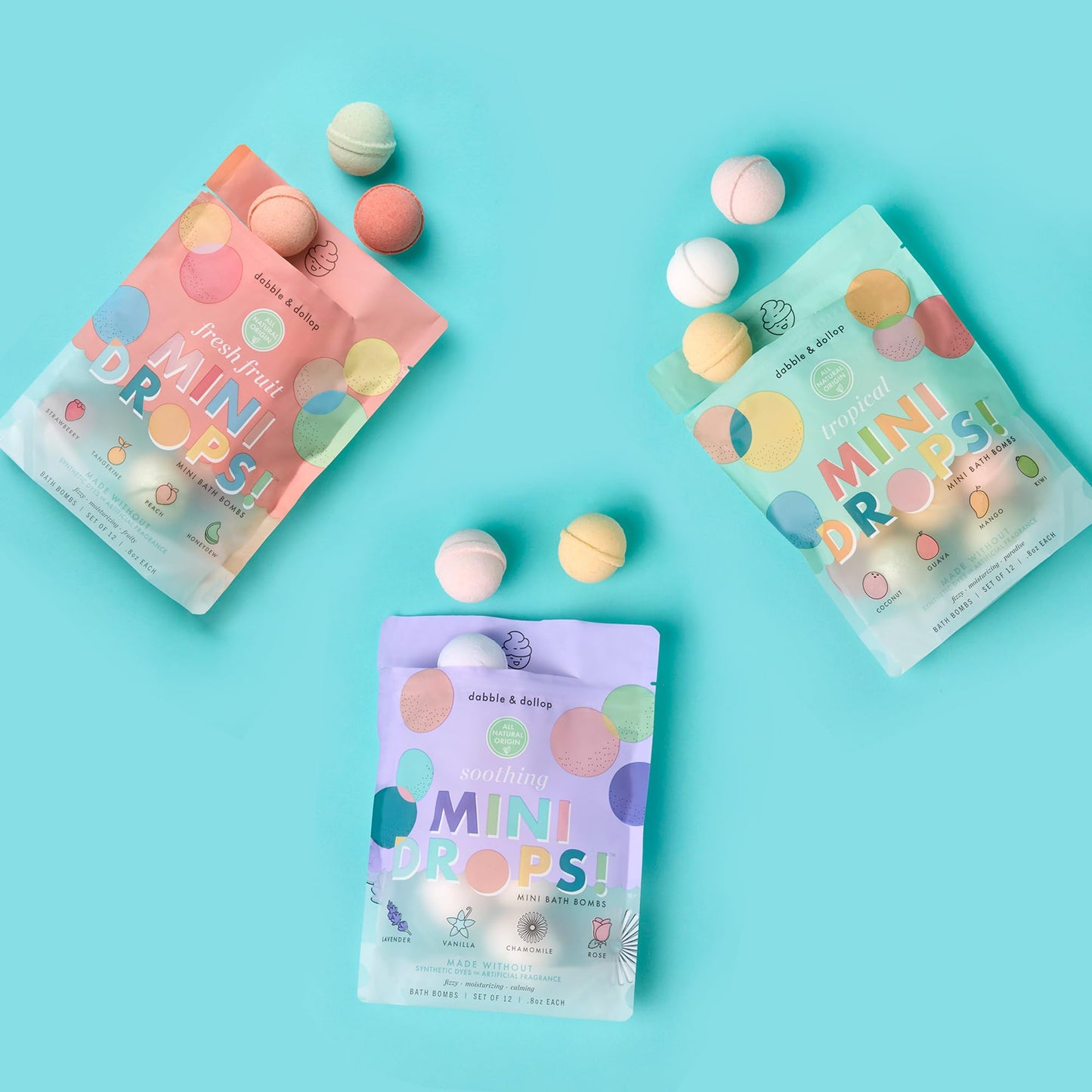 Dabble & Dollop Mini Bath Bombs Variety Pack – 36 Natural Kid’s Droplets, Resealable Pouches, Vegan & Cruelty-Free
