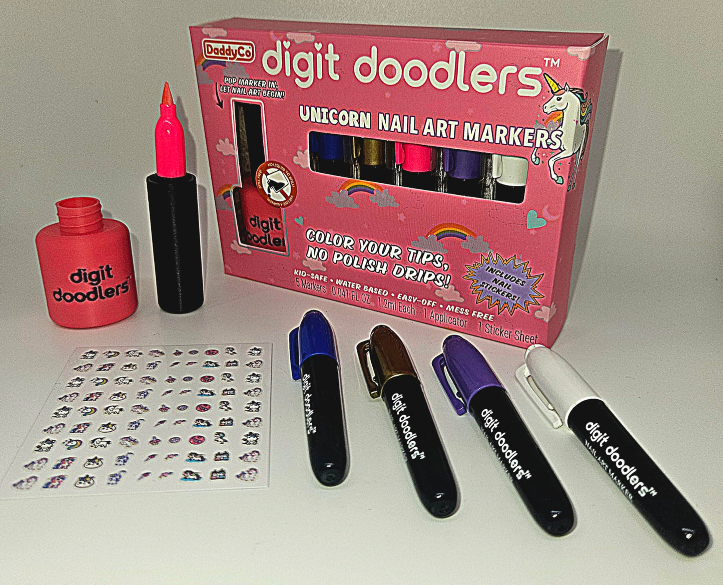 DaddyCo Unicorn Kids Non-Toxic Nail Art Markers — Safe, Washable with Bottle Applicator & Stickers
