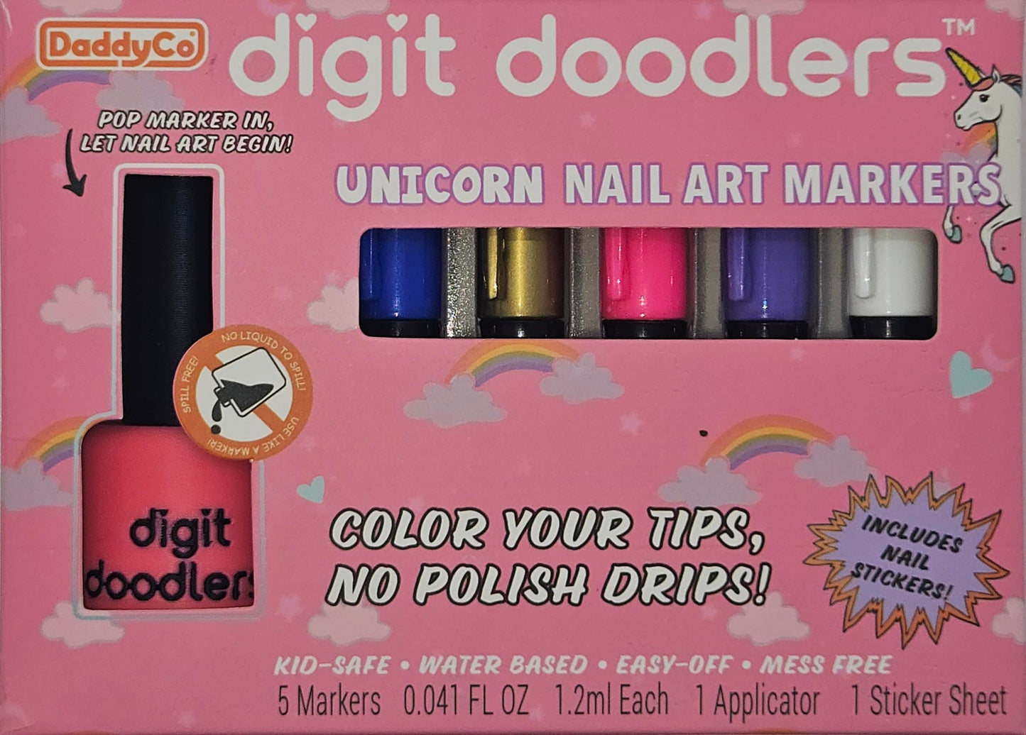 DaddyCo Unicorn Kids Non-Toxic Nail Art Markers — Safe, Washable with Bottle Applicator & Stickers