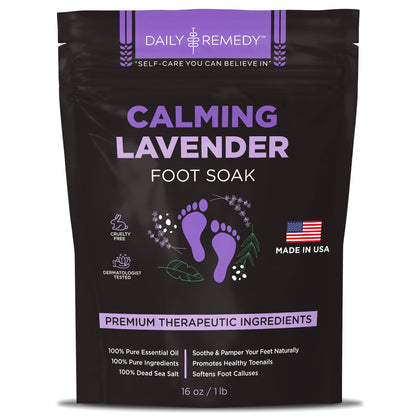 Daily Remedy Calming Lavender Foot Soak – Epsom Salt, Made in USA, Soothes Tired Feet, Softens Calluses, 16 oz
