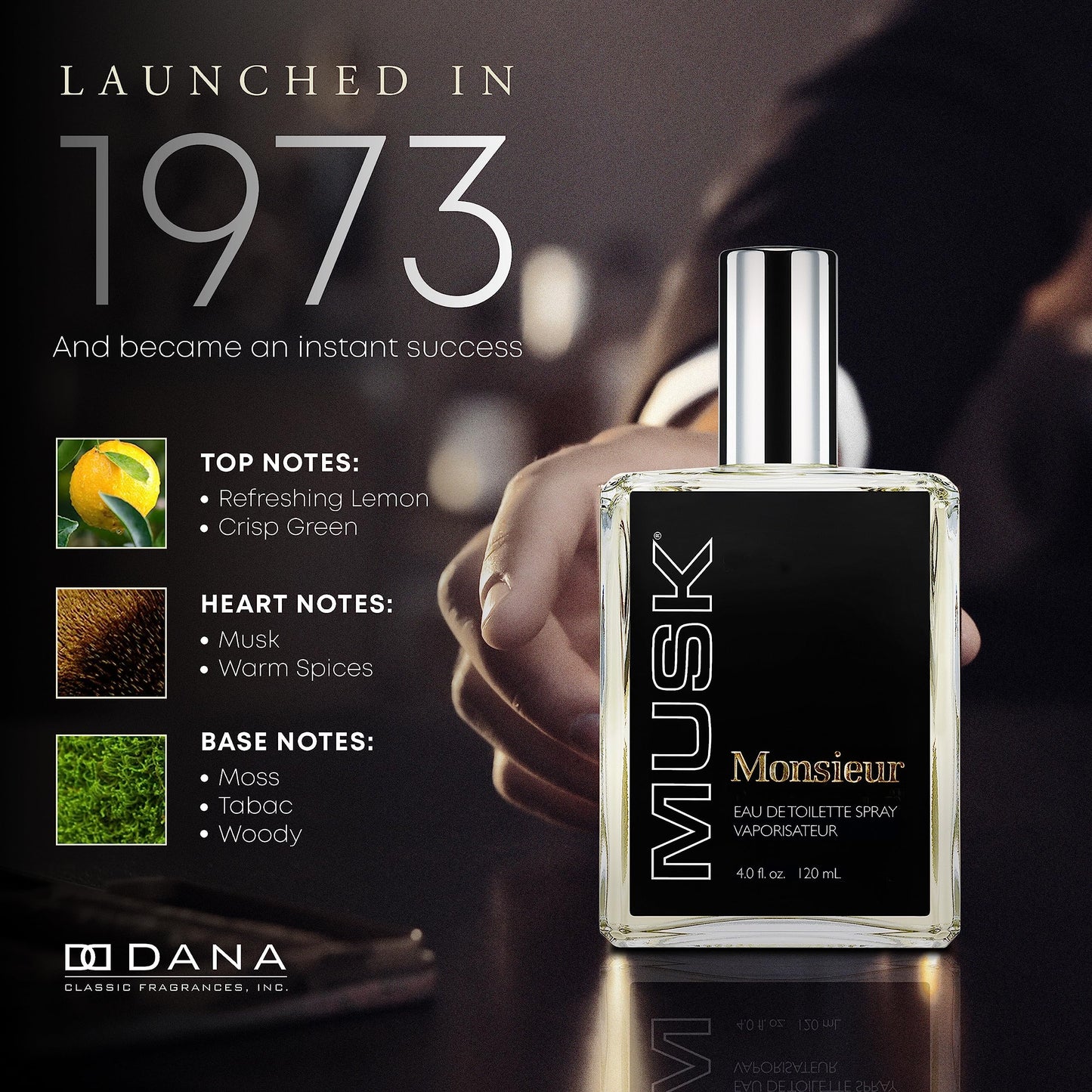 Dana Monsieur Musk EDT Spray for Men – 4 oz | Fresh Green Musk with Woody Spices