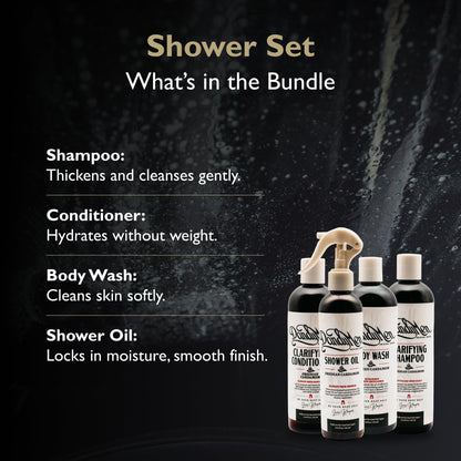 DandyMen Obsidian Cardamom Shower Set — Shampoo, Conditioner, Body Wash & Shower Oil