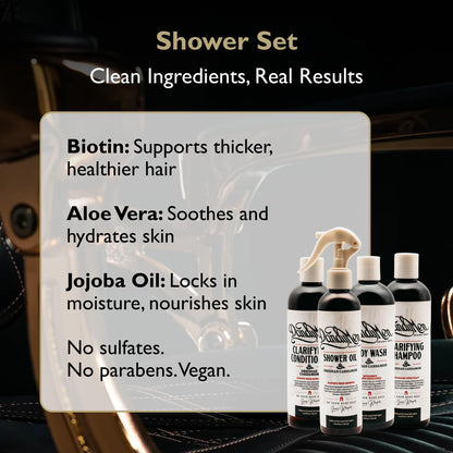 DandyMen Obsidian Cardamom Shower Set — Shampoo, Conditioner, Body Wash & Shower Oil