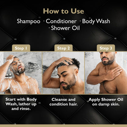 DandyMen Obsidian Cardamom Shower Set — Shampoo, Conditioner, Body Wash & Shower Oil