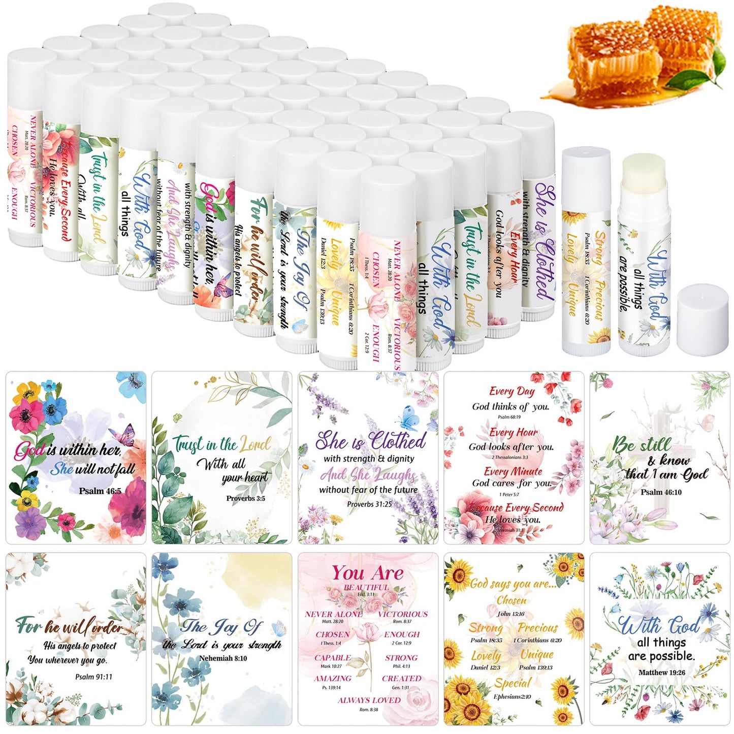 Dansib 50 Pcs Christian Lip Balm Set – Bible Verse Floral Gift Pack for Women & Men