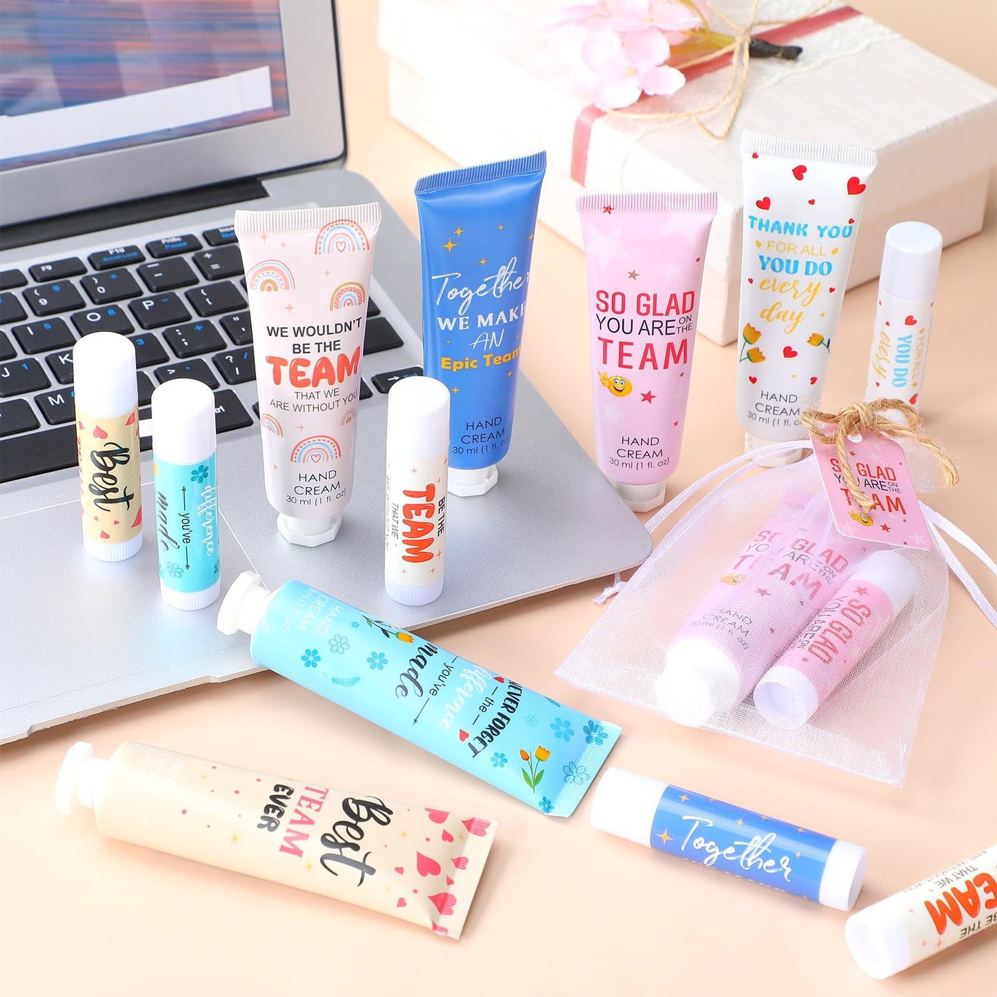 Dansib 12‑Set Best Team Ever Gifts – Hand Cream, Lip Balm, Cards & Organza Bags for Coworkers