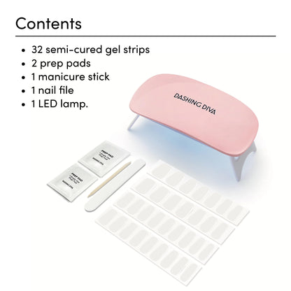 Dashing Diva Glaze Nail Starter Kit Daikon – Semi-Cured Gel Strips, 7-Piece Set + Mini LED Lamp