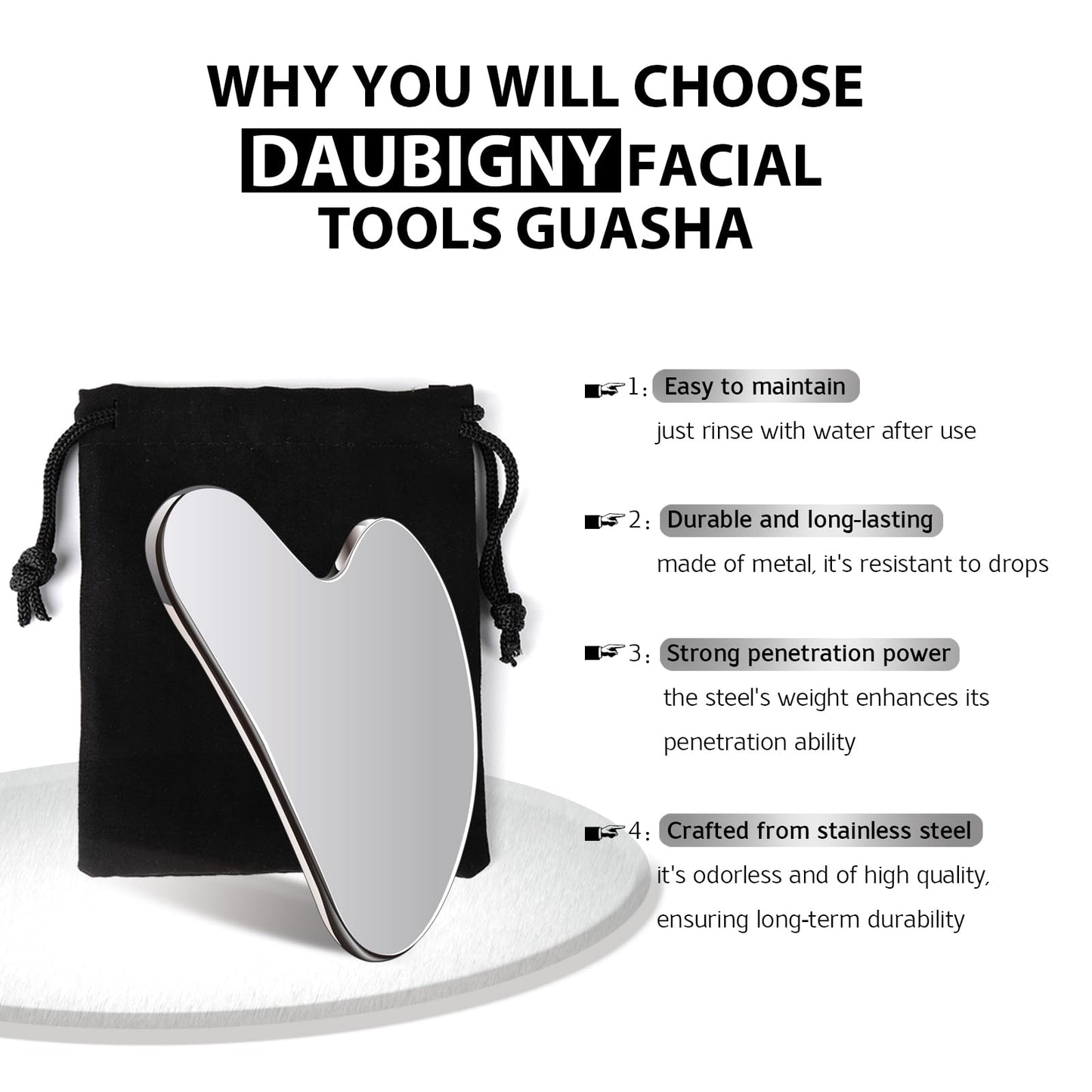 Daubigny Stainless Steel Gua Sha — Facial & Body Massage Tool with Travel Pouch