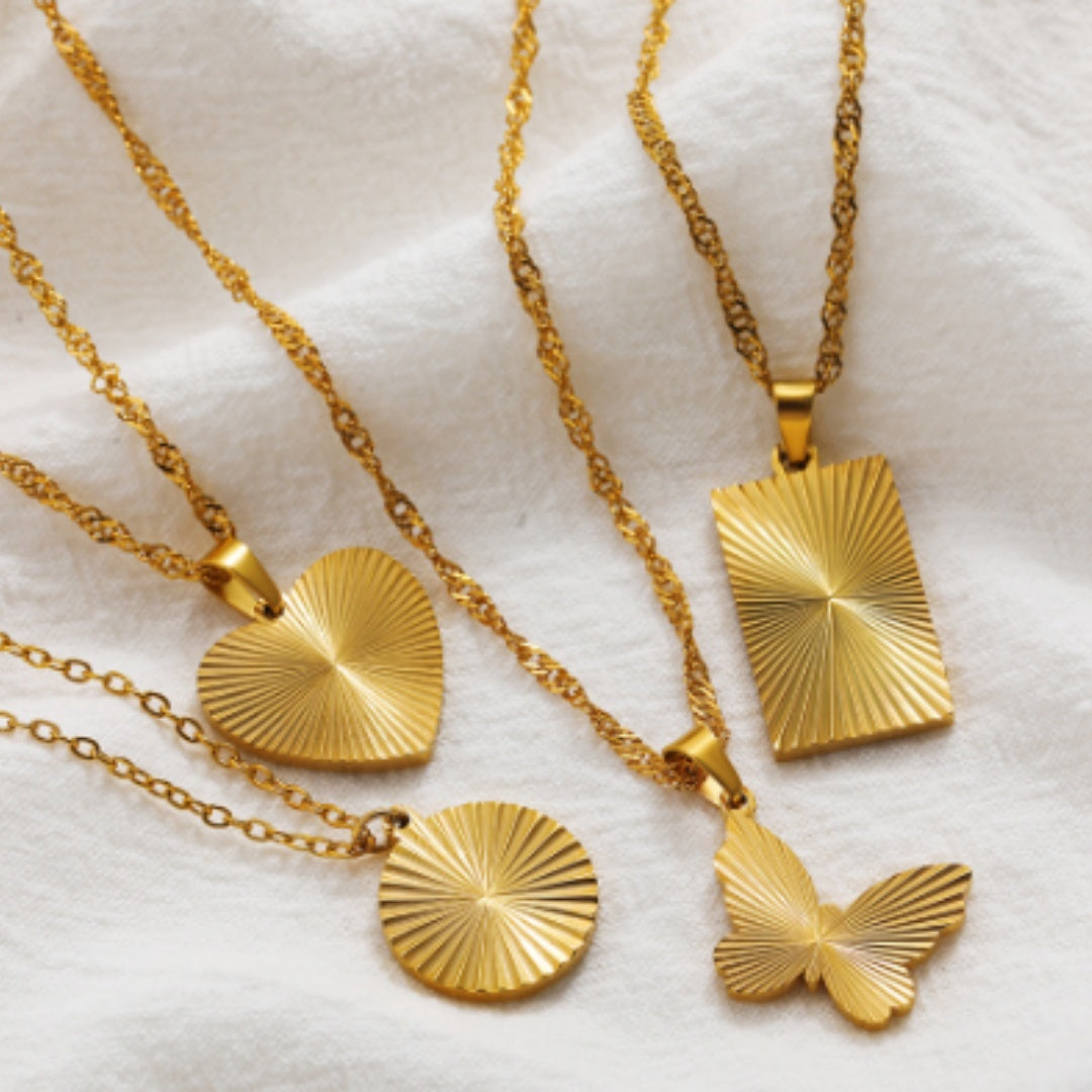 Round, Heart, Square, or Bow Design with Water Wave Chain Necklace