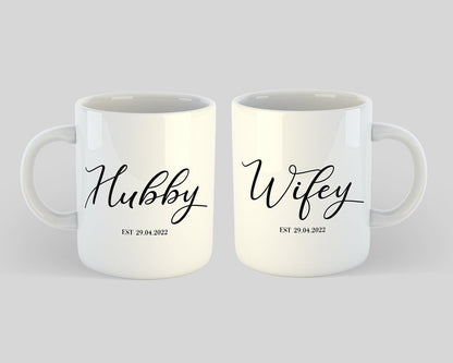Personalized Hubby and Wifey Mug Set with Custom Date