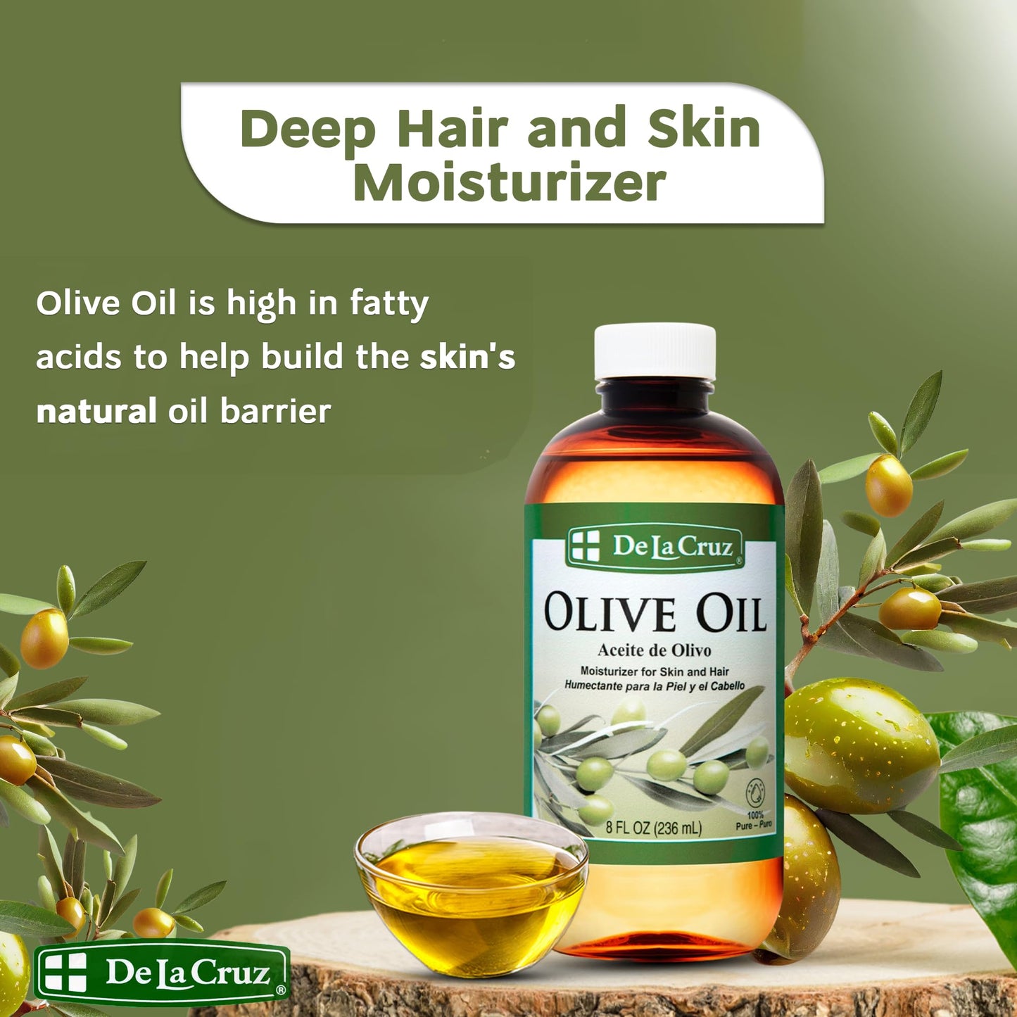 De La Cruz Pure Olive Oil – Natural Expeller Pressed Oil for Hair & Skin (8 oz)
