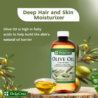 De La Cruz Pure Olive Oil – Natural Expeller Pressed Oil for Hair & Skin (8 oz)