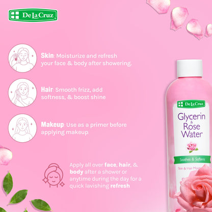 De La Cruz Rose Water with Glycerin – Rosewater Toner & Moisturizer for Face & Hair, 2 Bottles (8 oz each)