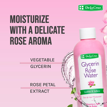 De La Cruz Rose Water with Glycerin – Rosewater Toner & Moisturizer for Face & Hair, 2 Bottles (8 oz each)