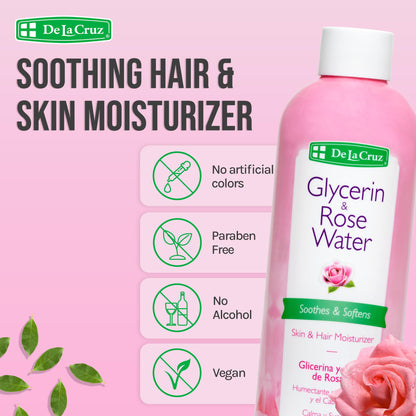 De La Cruz Rose Water with Glycerin – Rosewater Toner & Moisturizer for Face & Hair, 2 Bottles (8 oz each)