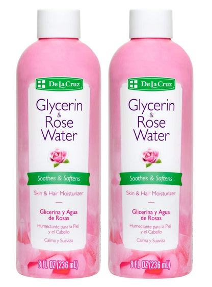 De La Cruz Rose Water with Glycerin – Rosewater Toner & Moisturizer for Face & Hair, 2 Bottles (8 oz each)