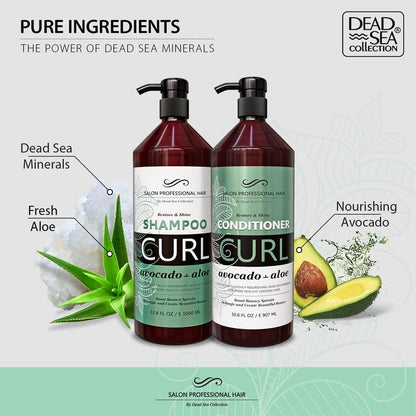 Dead Sea Collection Shampoo & Conditioner Set for Curly Hair – Avocado & Aloe, Pure Dead Sea Minerals | 2 Bottles (33.8 & 30.6 fl oz)