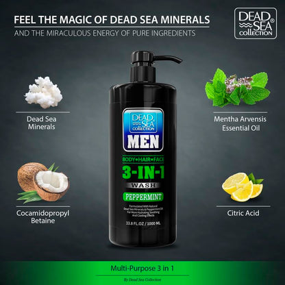 Dead Sea Collection Peppermint Men’s 3-in-1 Body Wash – Pack of 2 (33.8 fl oz each)