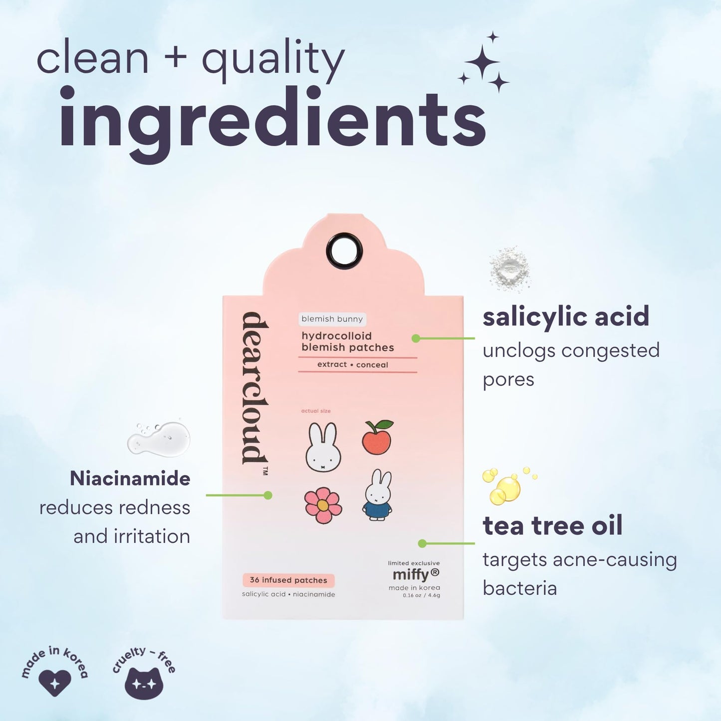 Dearcloud Miffy Hydrocolloid Blemish Patches – 36-Count Refill Set | Niacinamide & Salicylic Acid