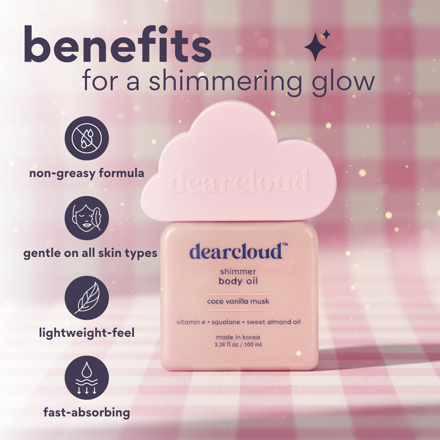 Dearcloud Shimmer Body Oil – Coco Vanilla Musk | Hydrating & Nourishing Skin (3.38 fl oz)