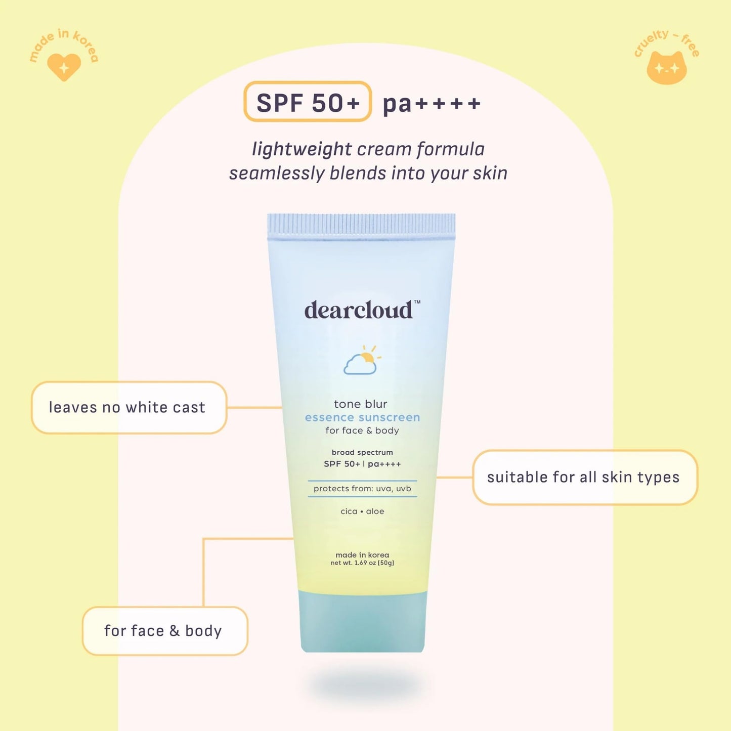 Dearcloud Tone Blur Essence Sunscreen SPF 50+ PA++++ — Vegan Face Primer Sunscreen (1.69 fl oz)