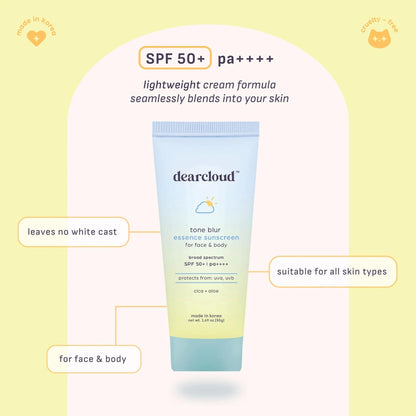 Dearcloud Tone Blur Essence Sunscreen SPF 50+ PA++++ — Vegan Face Primer Sunscreen (1.69 fl oz)